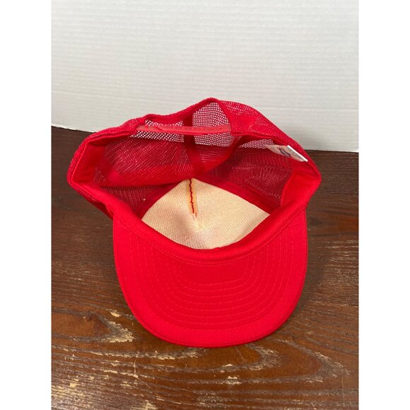 Vintage Nissin Red Mesh Snapback Hat With "Eagle Wrestling" Yellow Print X3 - Picture 3 of 4